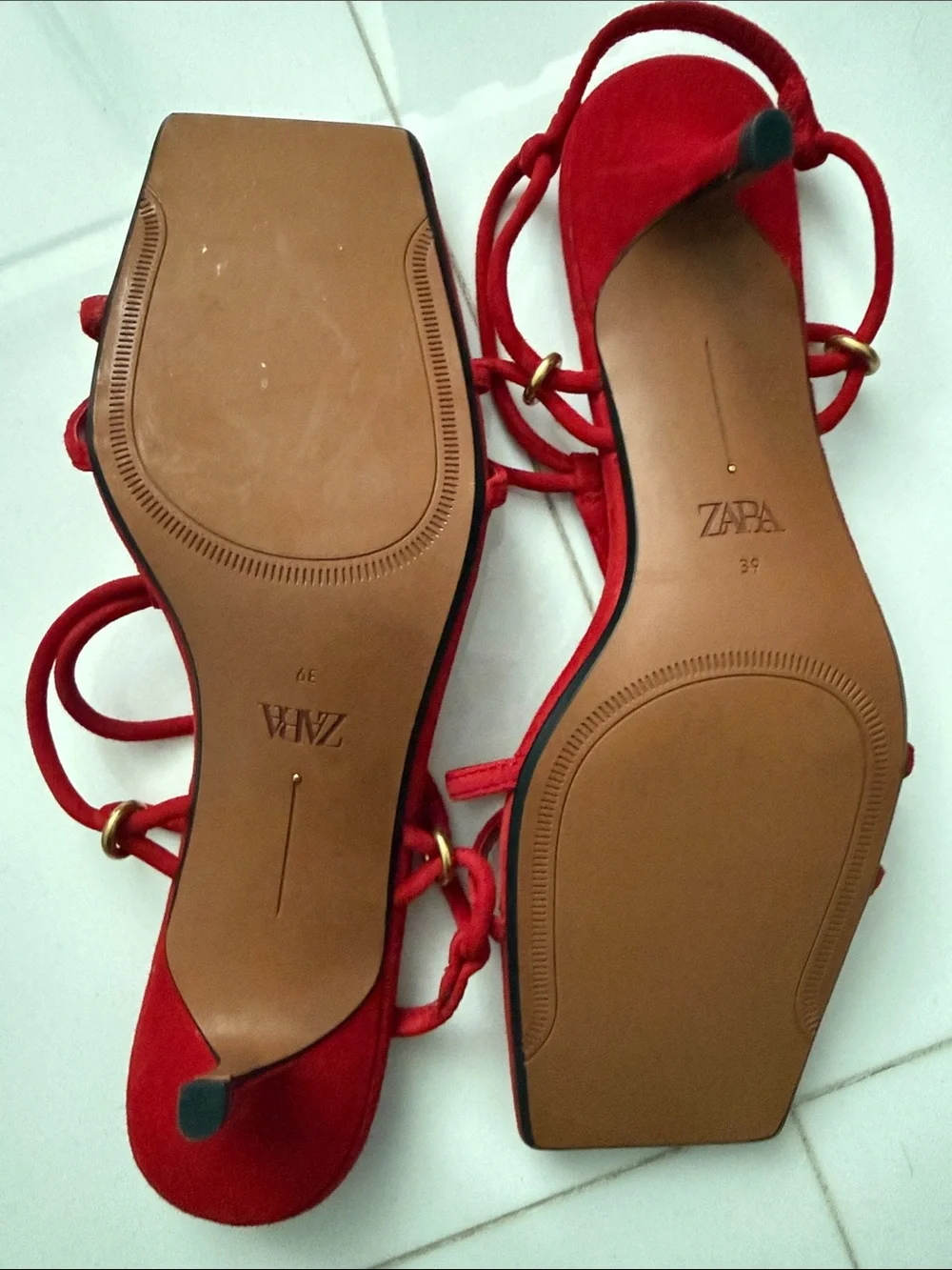 ZARA Red Strappy Square-Toe Wrap Sandals - Picture 4 of 8